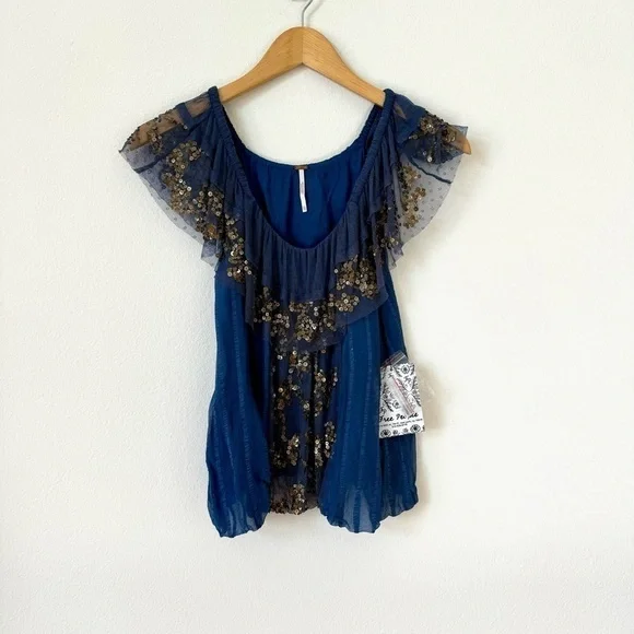 Free People Elisas Off the Shoulder Gold Sequin Blue Top XS SAMPLE - Picture 3 of 15